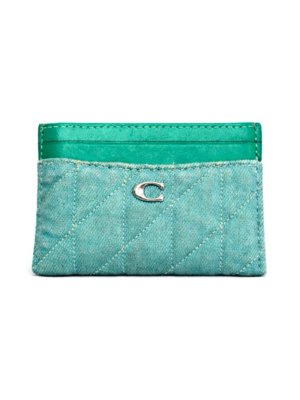 COACH Essential Teal Blue Denim & Nappa Leather Card Case